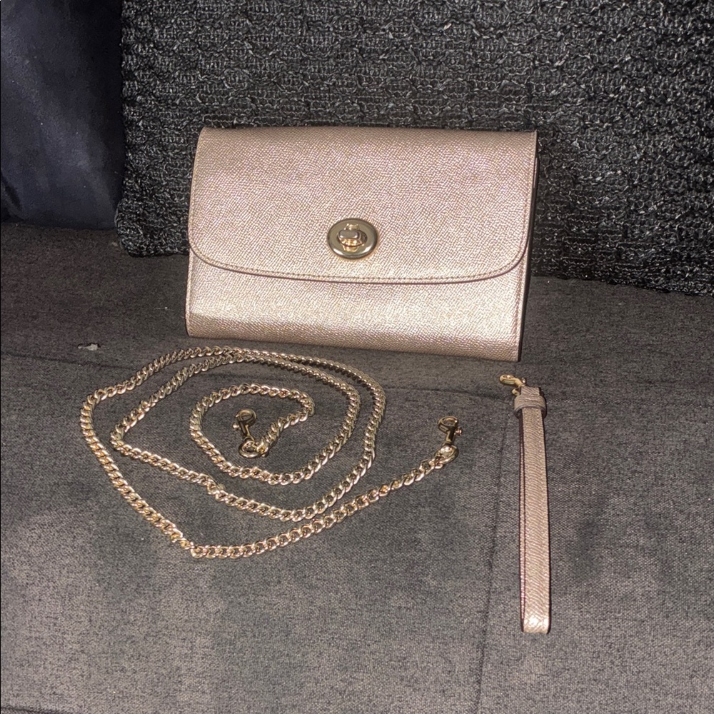 Coach rose gold leather W.O.C./ clutch/ crossbody/ wristlet/ wallet bag.